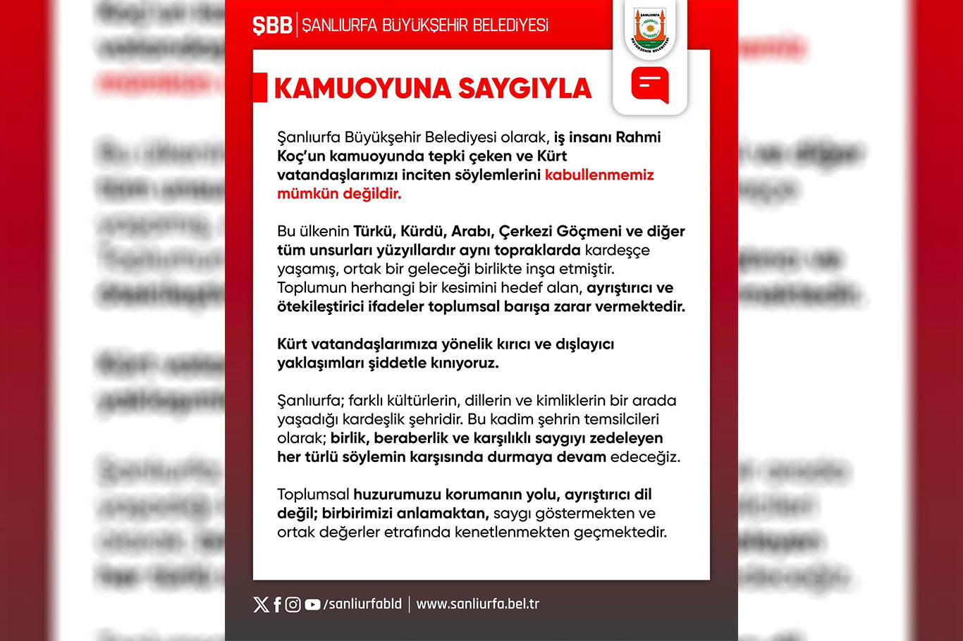 Şanlıurfa Büyükşehir Belediyesinden Rahmi Koç’un açıklamalarına tepki